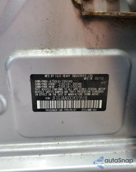 2012 Subaru Impreza from USA, damaged, VIN JF1GJAA60CH019518